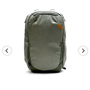 Peakdesign 45L (Sage) travel backpack with tags.